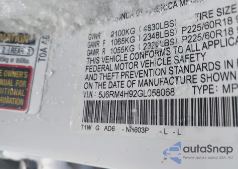 2016 Honda Cr-V Touring из США, поврежденный, VIN 5J6RM4H92GL058068